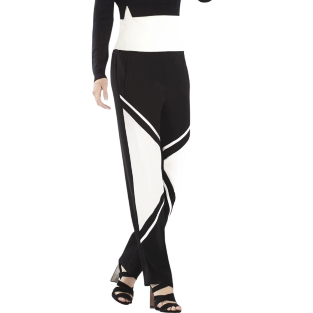 BCBGMAXAZRIA Women’s Black and White Wide Leg Pants with Geometric Design